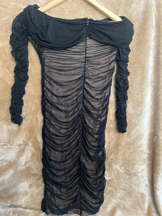 Fashion Nova Black Off-Shoulder Ruched Sheer Long Sleeve Dress - Picture 3 of 4